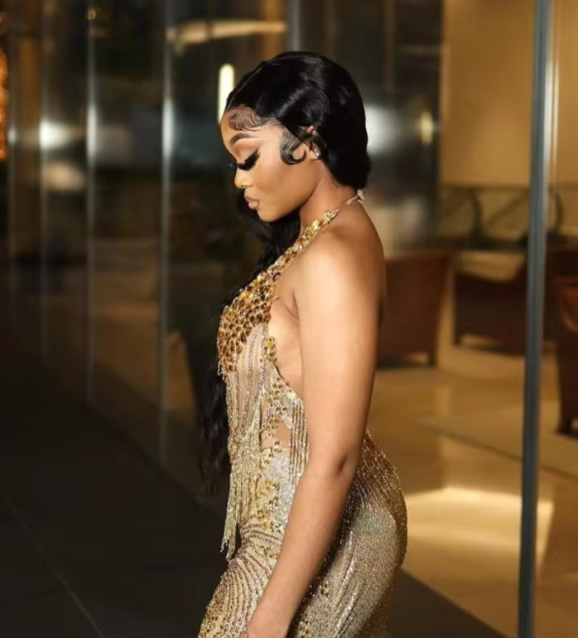 Golden Dresses Party Women 2025 Halter Crystal Sequin Mermaid Evening Gowns Lace Luxury Birthday Party Outfits Customized