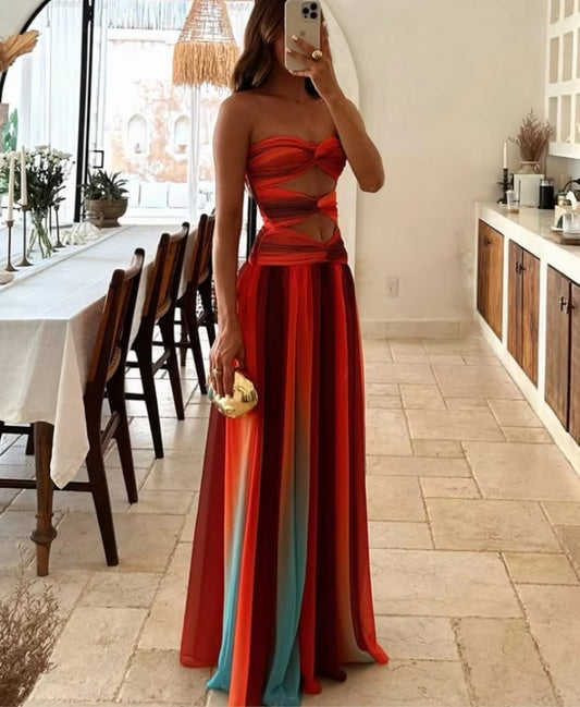 2025 Women Tie-dye Gradient Slim Fit Off Waist Long Dress Sexy Contrast Hollow Out Pleated Hem Robe Chic Lady Party Holiday Wear