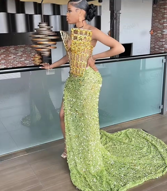 Sexy Green Sequins Party Dresses High Split Side Girls Evening Dresses Beading Crystals Cocktail Dress Robe De Soiree Customized