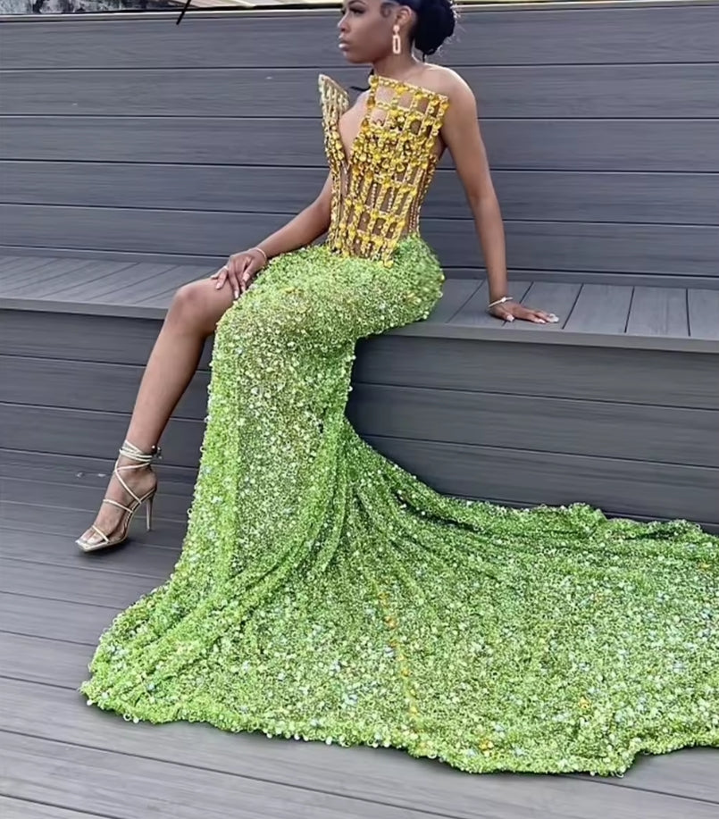 Sexy Green Sequins Party Dresses High Split Side Girls Evening Dresses Beading Crystals Cocktail Dress Robe De Soiree Customized