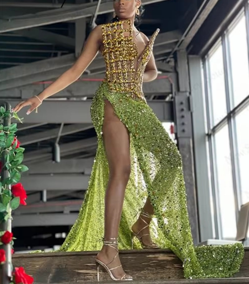 Sexy Green Sequins Party Dresses High Split Side Girls Evening Dresses Beading Crystals Cocktail Dress Robe De Soiree Customized