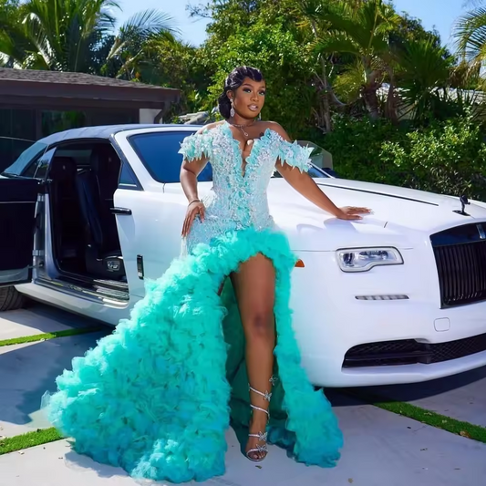 Customized Luxury Green Ruffles Prom Dress Mermaid Diamond Crystal Beaded Black Girl High Slit Evening Party Gown