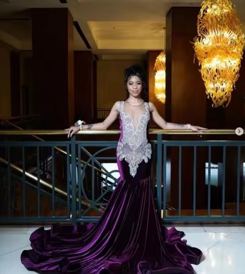 Grape Purple Velvet Sparkly Prom Ceremony Party Dresses for Black Girl Luxury Diamond Crystal Long Evening Birthday Gala Dress