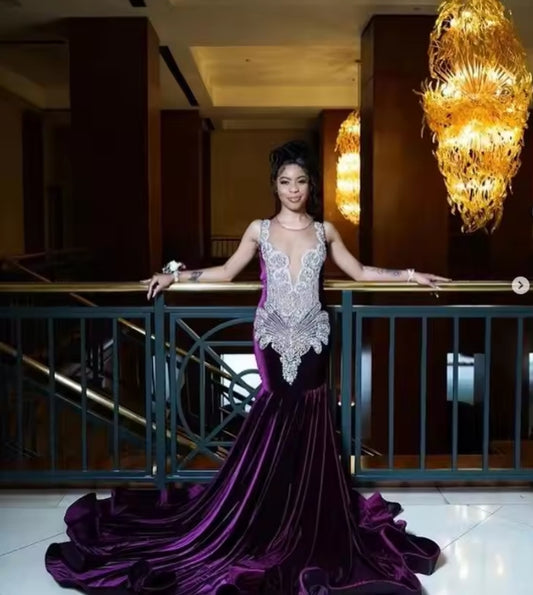 Grape Purple Velvet Sparkly Prom Ceremony Party Dresses for Black Girl Luxury Diamond Crystal Long Evening Birthday Gala Dress