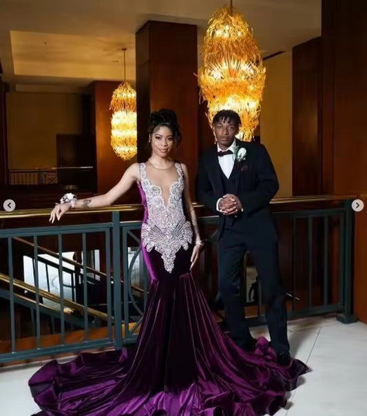 Grape Purple Velvet Sparkly Prom Ceremony Party Dresses for Black Girl Luxury Diamond Crystal Long Evening Birthday Gala Dress