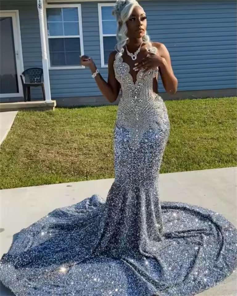 Shiny Silver Diamonds Prom Dress Glitter Crystals Beads Sequins Birthday Wedding Party Gown Evening Gown Court Train Customized