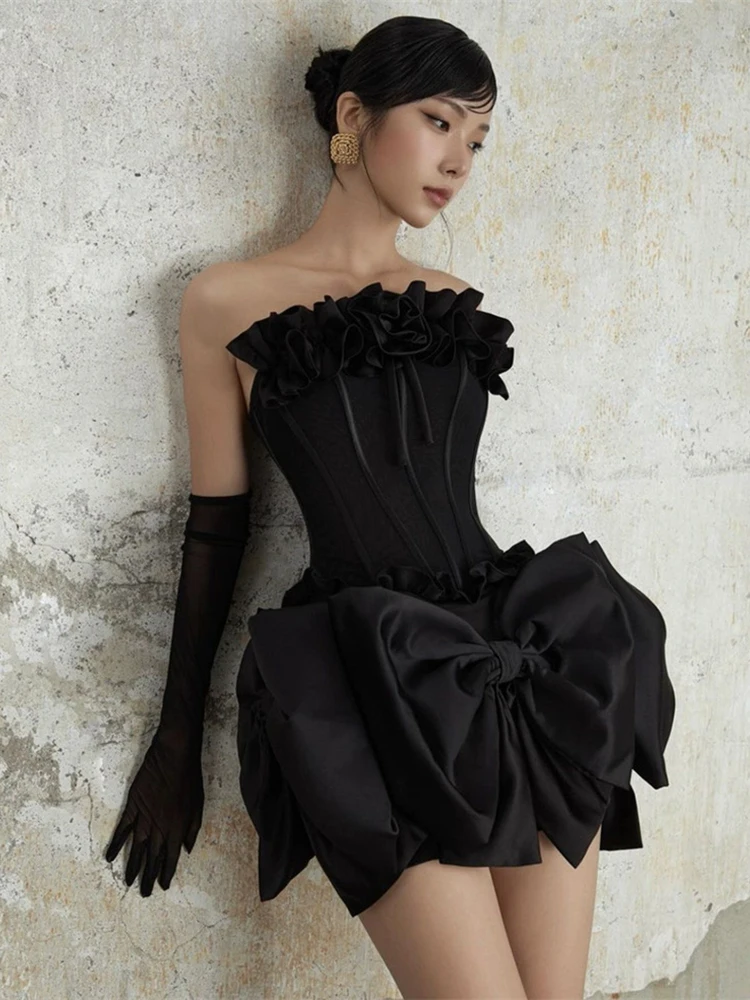 Women Bow Patchwork Skirt Two Piece Set Sexy Strapless Ruffles Folwer Top + Mini Slim Skirts Suits Evening Party Cocktail Clubwe