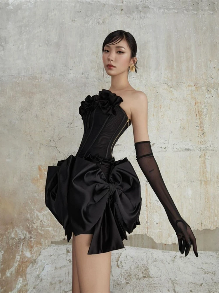 Women Bow Patchwork Skirt Two Piece Set Sexy Strapless Ruffles Folwer Top + Mini Slim Skirts Suits Evening Party Cocktail Clubwe