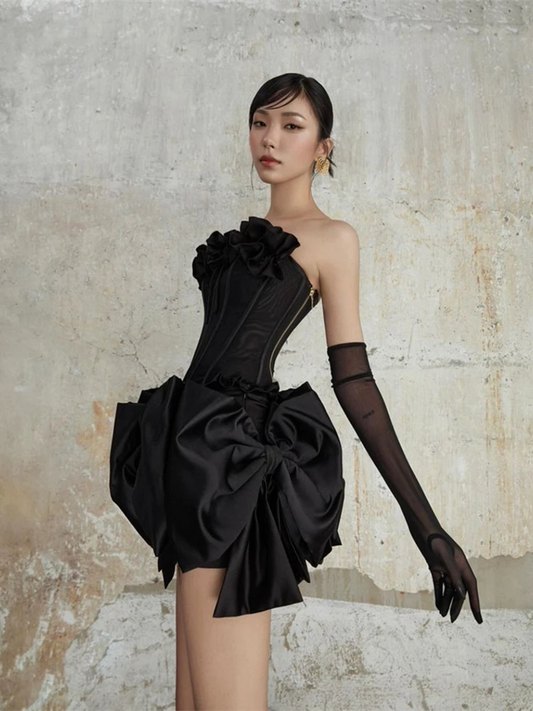 Women Bow Patchwork Skirt Two Piece Set Sexy Strapless Ruffles Folwer Top + Mini Slim Skirts Suits Evening Party Cocktail Clubwe