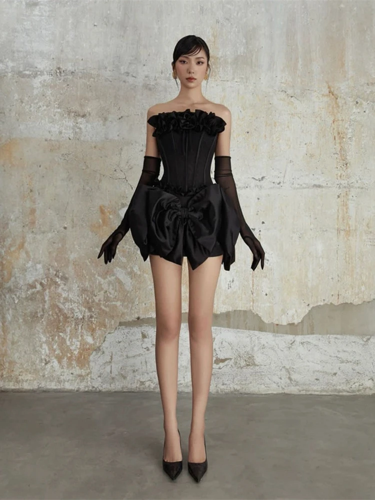 Women Bow Patchwork Skirt Two Piece Set Sexy Strapless Ruffles Folwer Top + Mini Slim Skirts Suits Evening Party Cocktail Clubwe