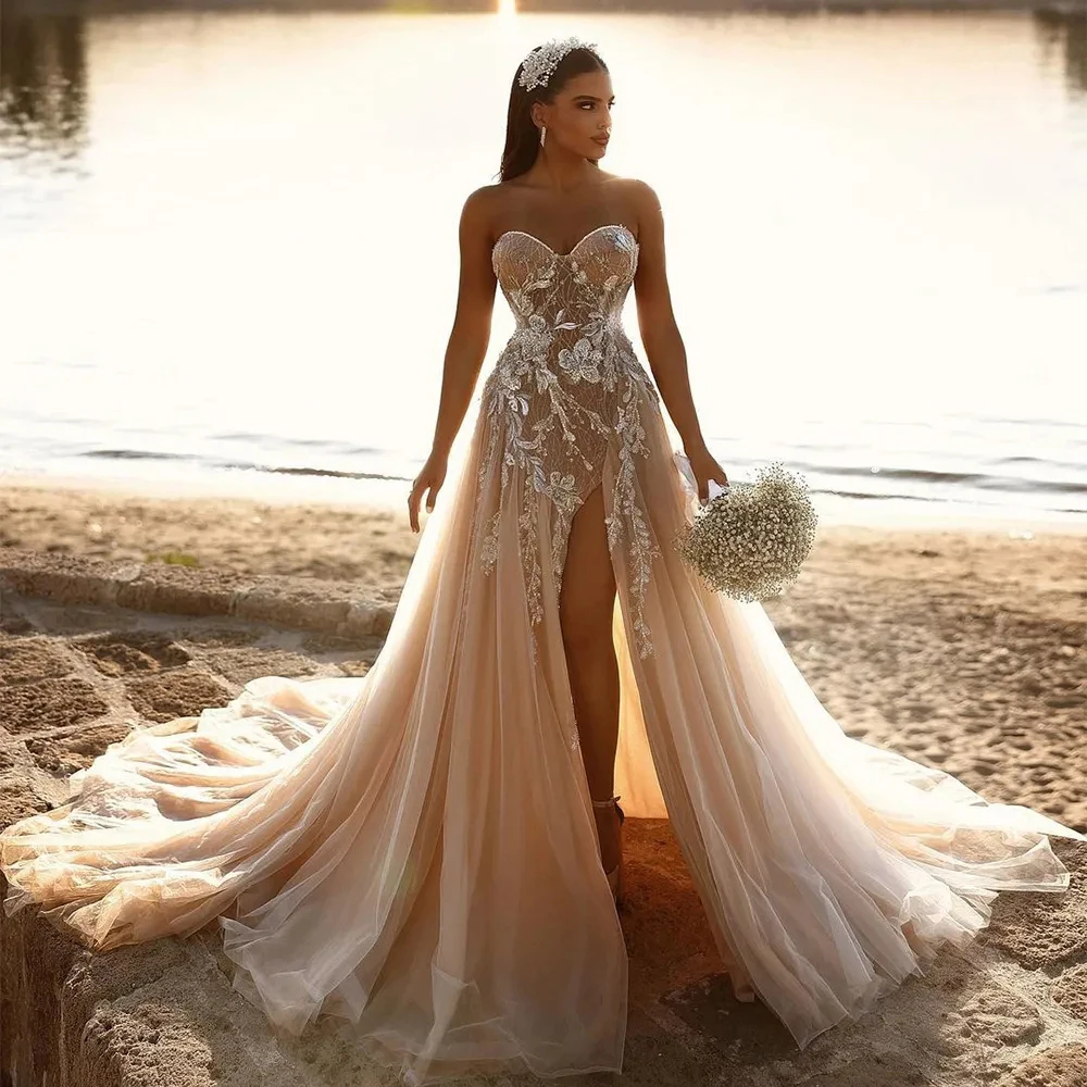Luxurious Wedding Dresses Sexy Backless Pretty Off Shoulder Sleeveless High Split Appliques Lace Mopping Bride Gowns Customized