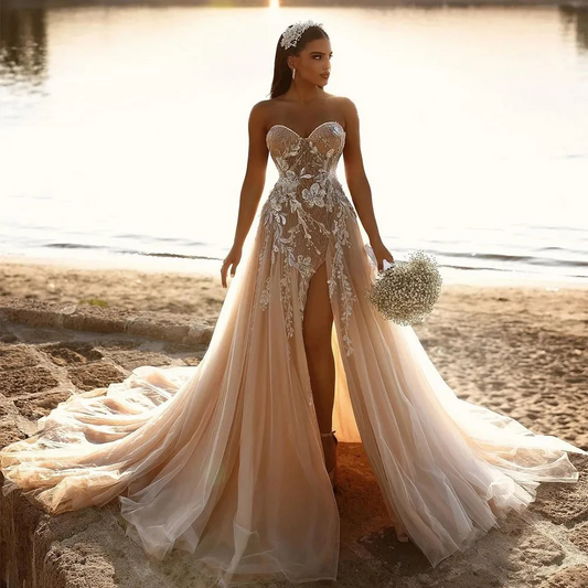 Luxurious Wedding Dresses Sexy Backless Pretty Off Shoulder Sleeveless High Split Appliques Lace Mopping Bride Gowns Customized