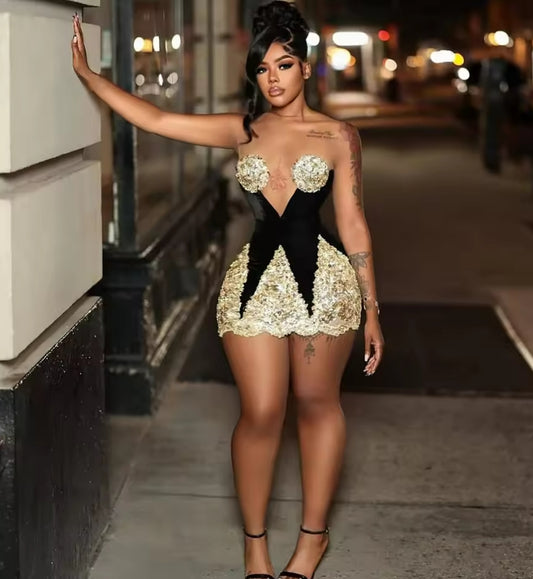 Gold Crystal Birthday Dresses Women Fitted Party Gowns Black Girls Short Prom Cocktail Dress Vestidos De Gala Customized