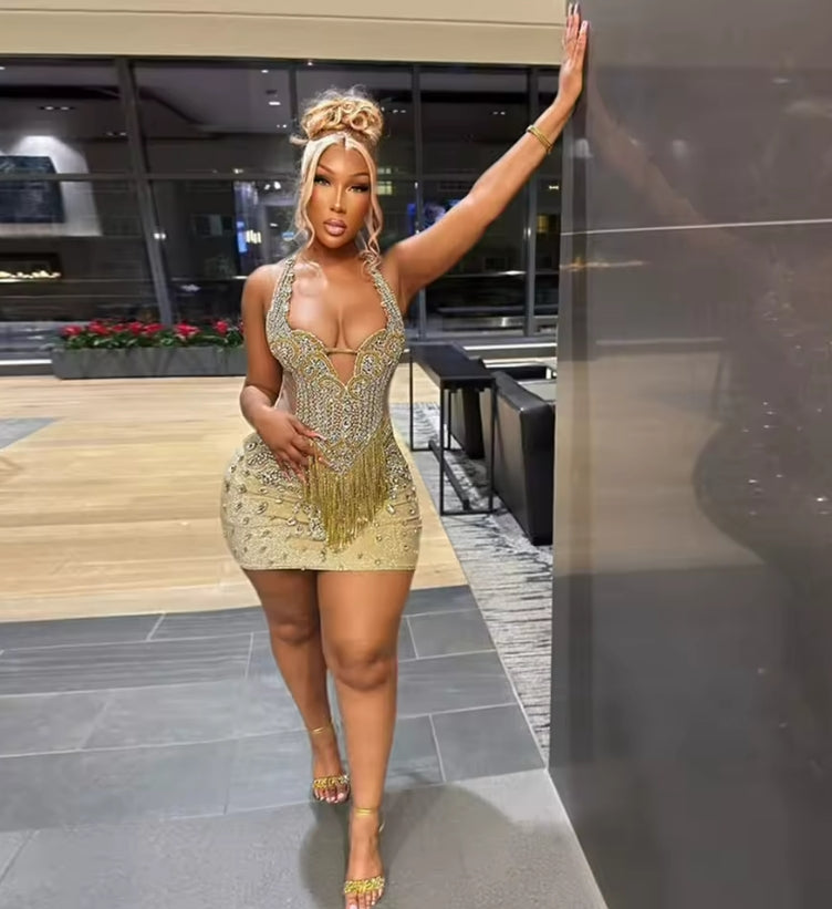 Shinny Champagne Birthday Dresses For Women Halter Crystal Short Prom Gowns Rhinestone Tassel Girls Party Dress Customized