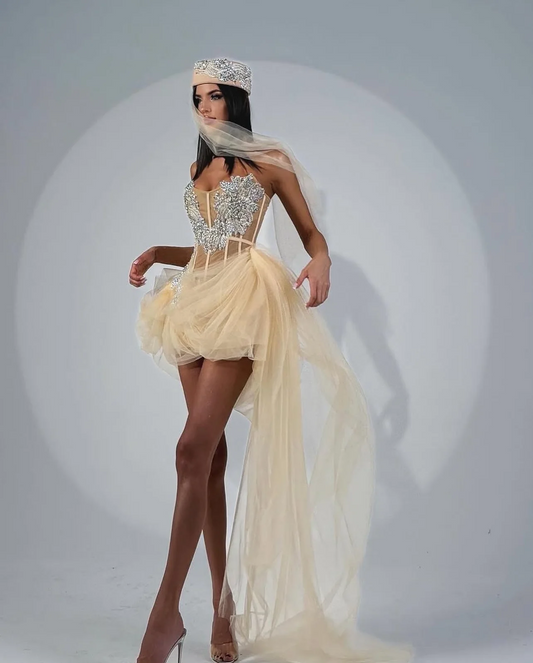 Pretty Champagne Short Prom Gown 2025 Party Dresses Beaded Lace Soft Tulle Formal Occasion Dress Custom Party Night Dress Corset