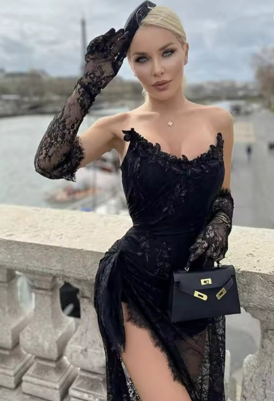 Women Summer Sexy Strapless Backless Black Lace Gloves Maxi Long Dress Elegant Evening Party Club Dress