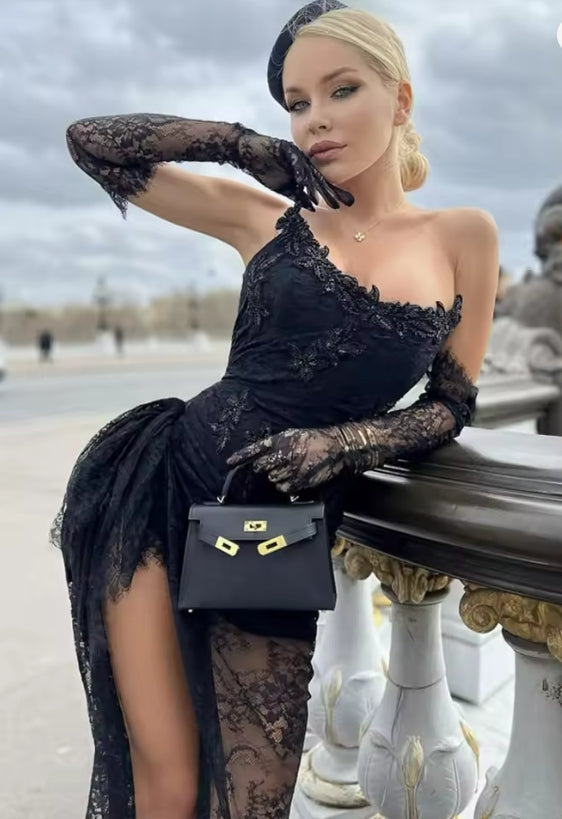 Women Summer Sexy Strapless Backless Black Lace Gloves Maxi Long Dress Elegant Evening Party Club Dress