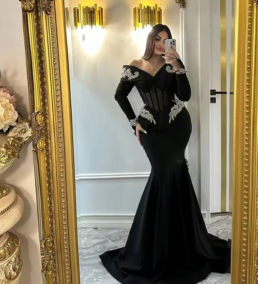 Modest Black Evening Dresses Long Sleeves Appliqued Beads African Women Wedding Party Gowns 2025 Night Prom Dress Customized