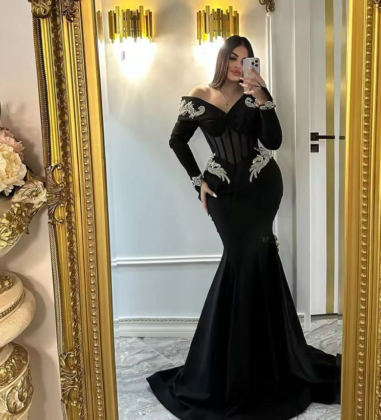 Modest Black Evening Dresses Long Sleeves Appliqued Beads African Women Wedding Party Gowns 2025 Night Prom Dress Customized