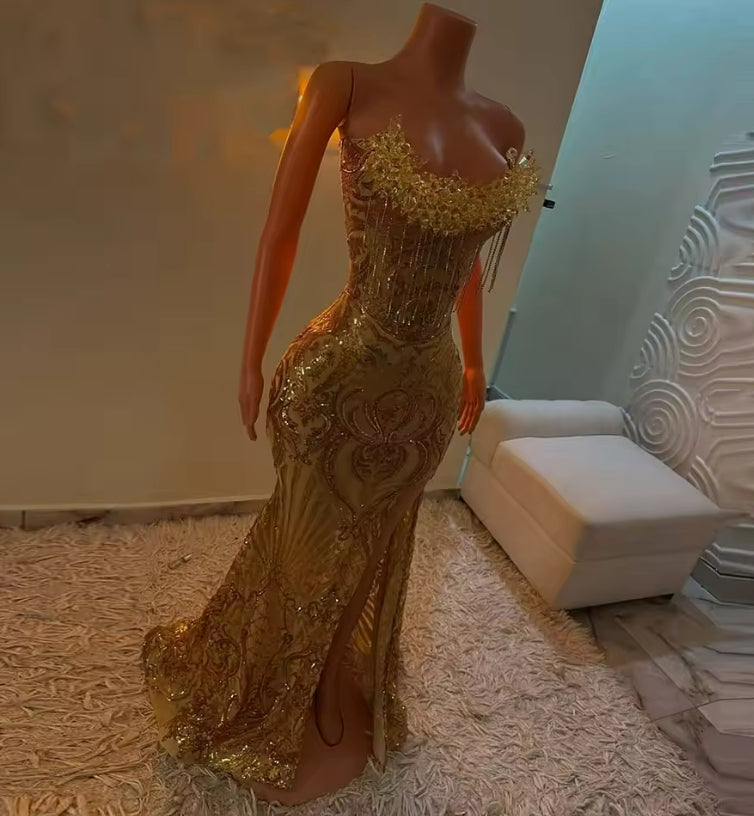 Charming Sequined Evening Dresses For Women Gold Tassel Beaded Prom Dress Party Gowns Vestidos De Novia Customized