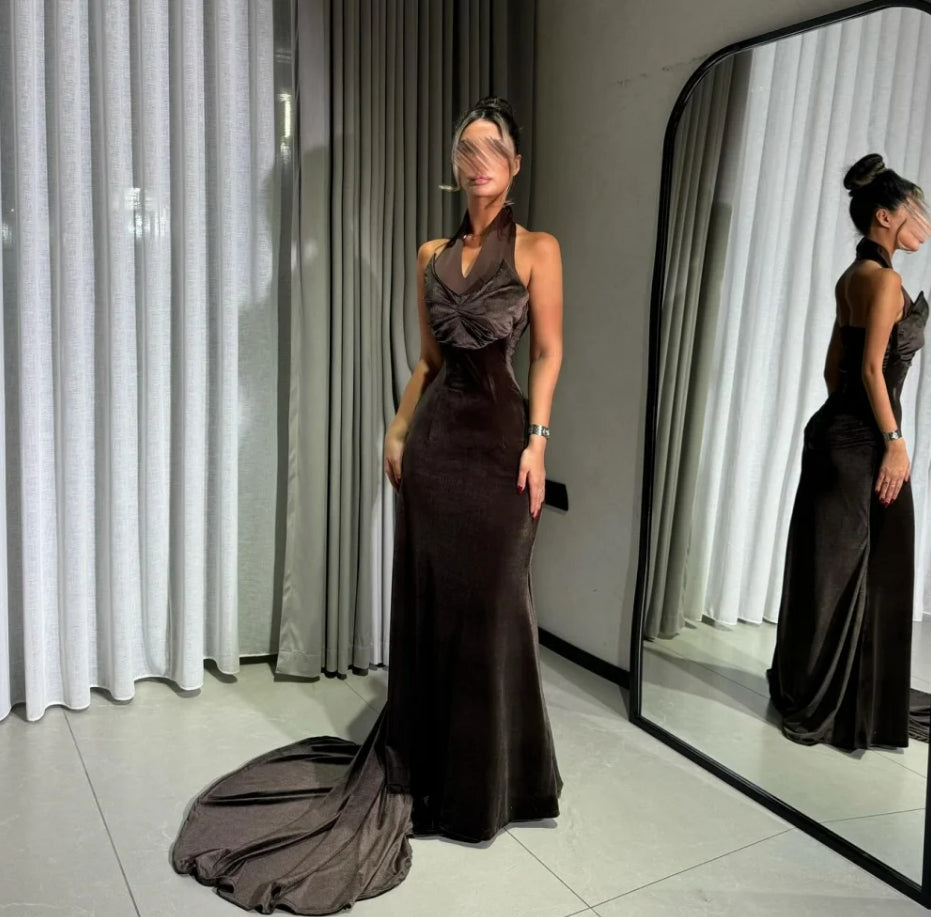 Customized Brown Velvet Halter Neck robes de soirée Mermaid Sleeveless Evening Dresses Floor-Length Wedding Dress