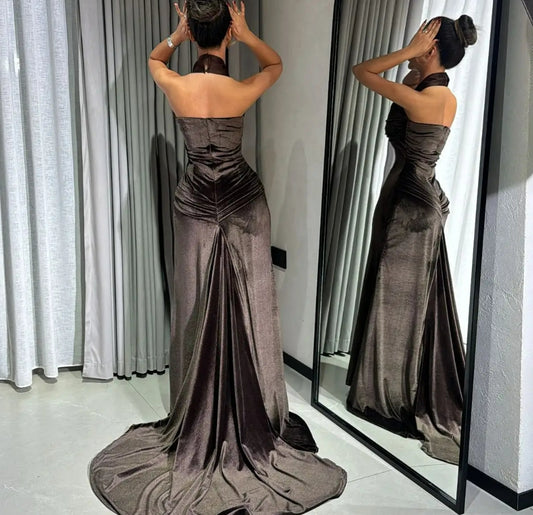 Customized Brown Velvet Halter Neck robes de soirée Mermaid Sleeveless Evening Dresses Floor-Length Wedding Dress