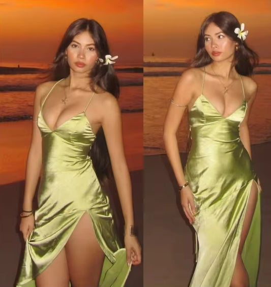 Customized Graceful Green Satin Evening Dress Fashion V-Neck Spaghetti Straps Sleeveless Party Dress Temperament Celebrity Gowns