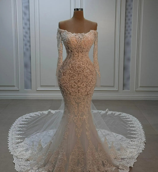Ivory Beaded Lace Wedding Dresses For Women 2025 Off Shoulder Elegant Wedding Gowns Mermaid Garden Bridal Gown Vestidos De Novia