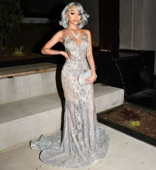 Silver Sequined Prom Party Dresses 2025 Diamonds Crystal Birthday Party Gown For Black Girls Gala Outfit Gown Customized