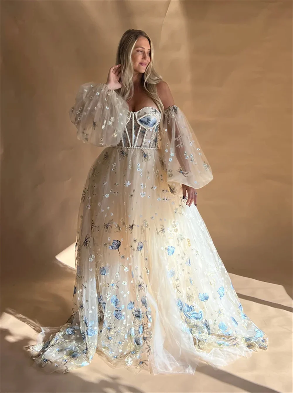 Princess Flower Lace A-line Wedding Dress Gorgeous Puffy Sleeve Side Split Sweetheart