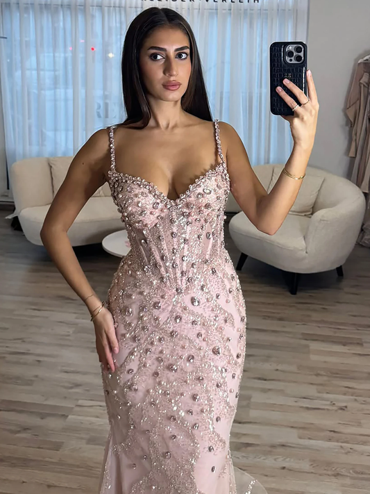 2026 Luxury Pink Beaded Crystal Mermaid Evening Dress Spaghetti Strap Gown For Formal Occasion