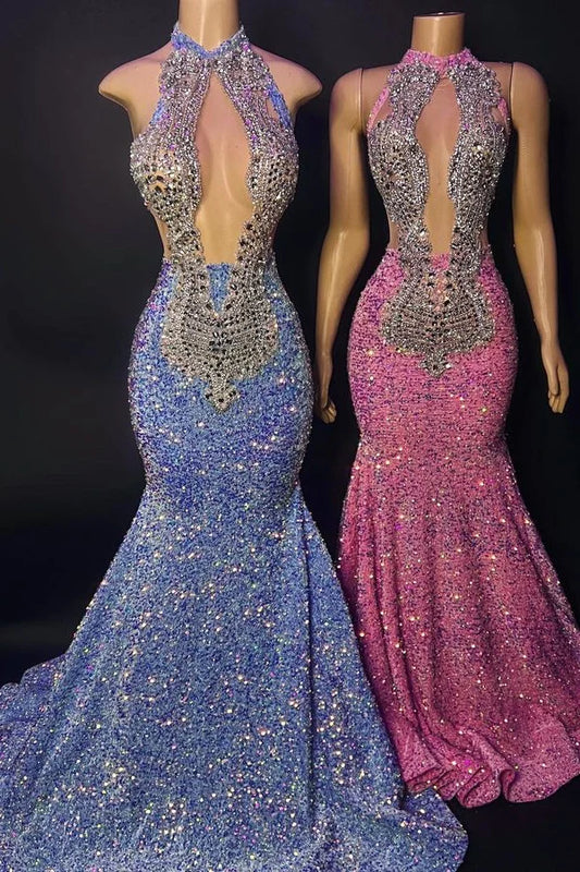 Beaded Sequins High Neck Sleeveless Mermaid Prom Dress With Appliques