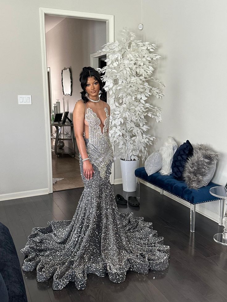 Gray Prom dress, Sequence floor length Mermaid dress, prom gown