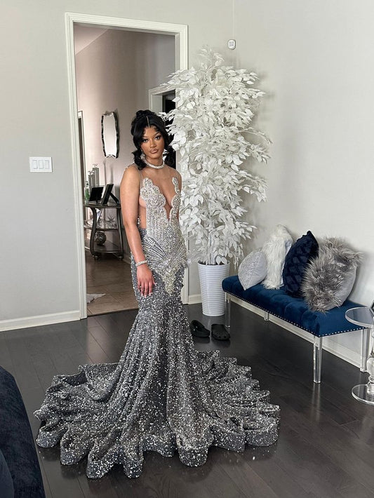Gray Prom dress, Sequence floor length Mermaid dress, prom gown