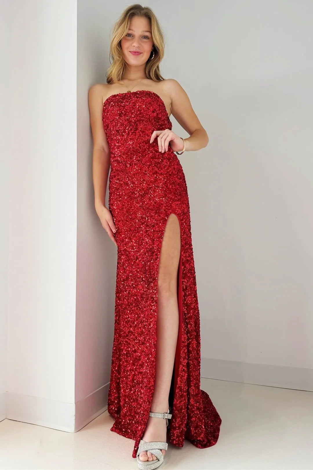 Gold Sequin Strapless Backless Mermaid Prom Dress