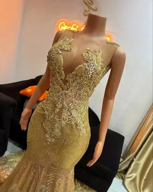 Gold Prom Dresses Black Girl 2025 Luxury Rhinestone Mermaid Party Gowns African Crystal Lace Evening Dress Customized