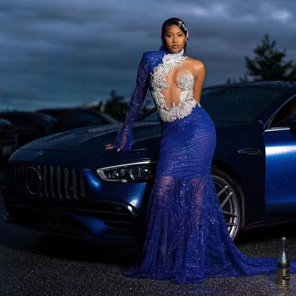 Blue Glitter Beaded Long Prom Dresses For Black Girls Sexy Sheer One Shoulder Mermaid Birthday Party Evening Gown Customized
