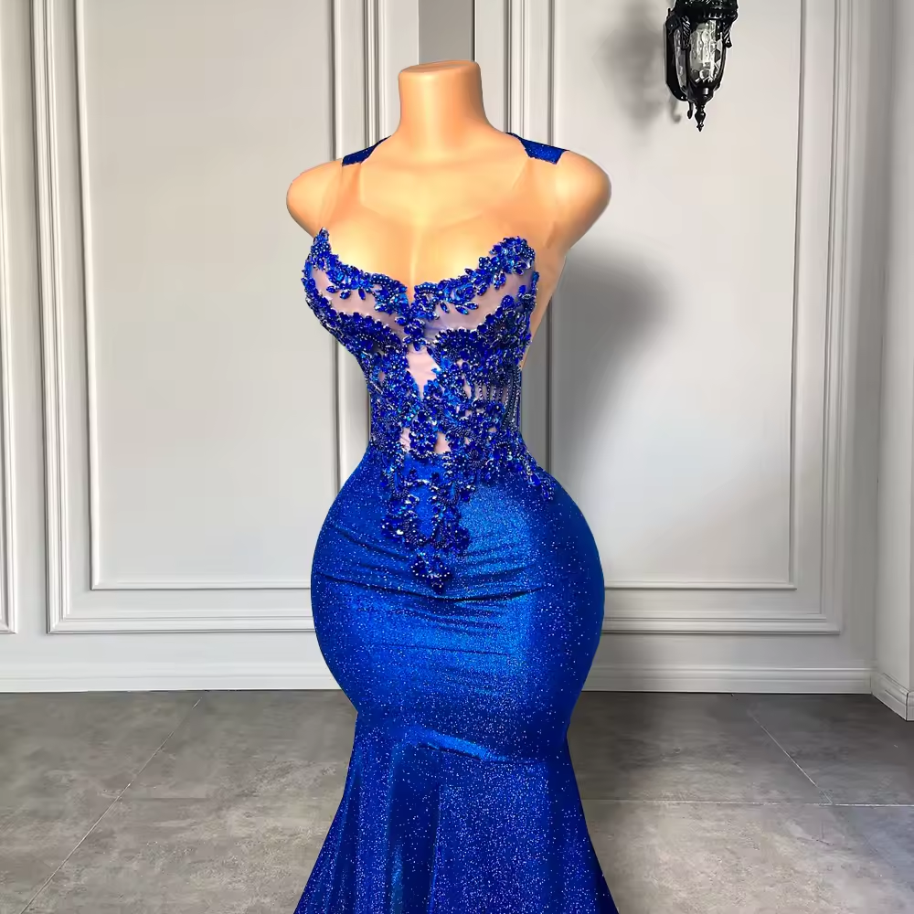 Royal Blue Long Prom Dresses 2025 Luxury Beaded Embroidery Sexy Mermaid Style Black Girl Prom Gala Party Gowns