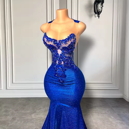 Royal Blue Long Prom Dresses 2025 Luxury Beaded Embroidery Sexy Mermaid Style Black Girl Prom Gala Party Gowns