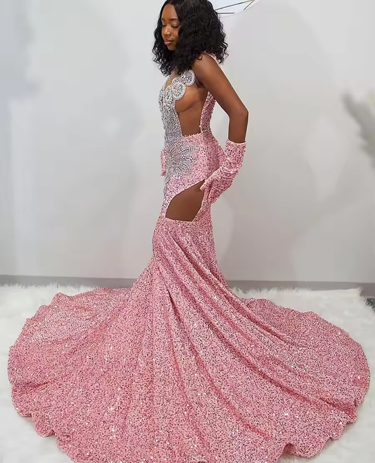 Sparkly Pink Sexy Sequin Mermaid Prom Dresses 2025 Luxury Silver Crystal Beaded Sheer Neck Long Prom Gowns for Black Girls