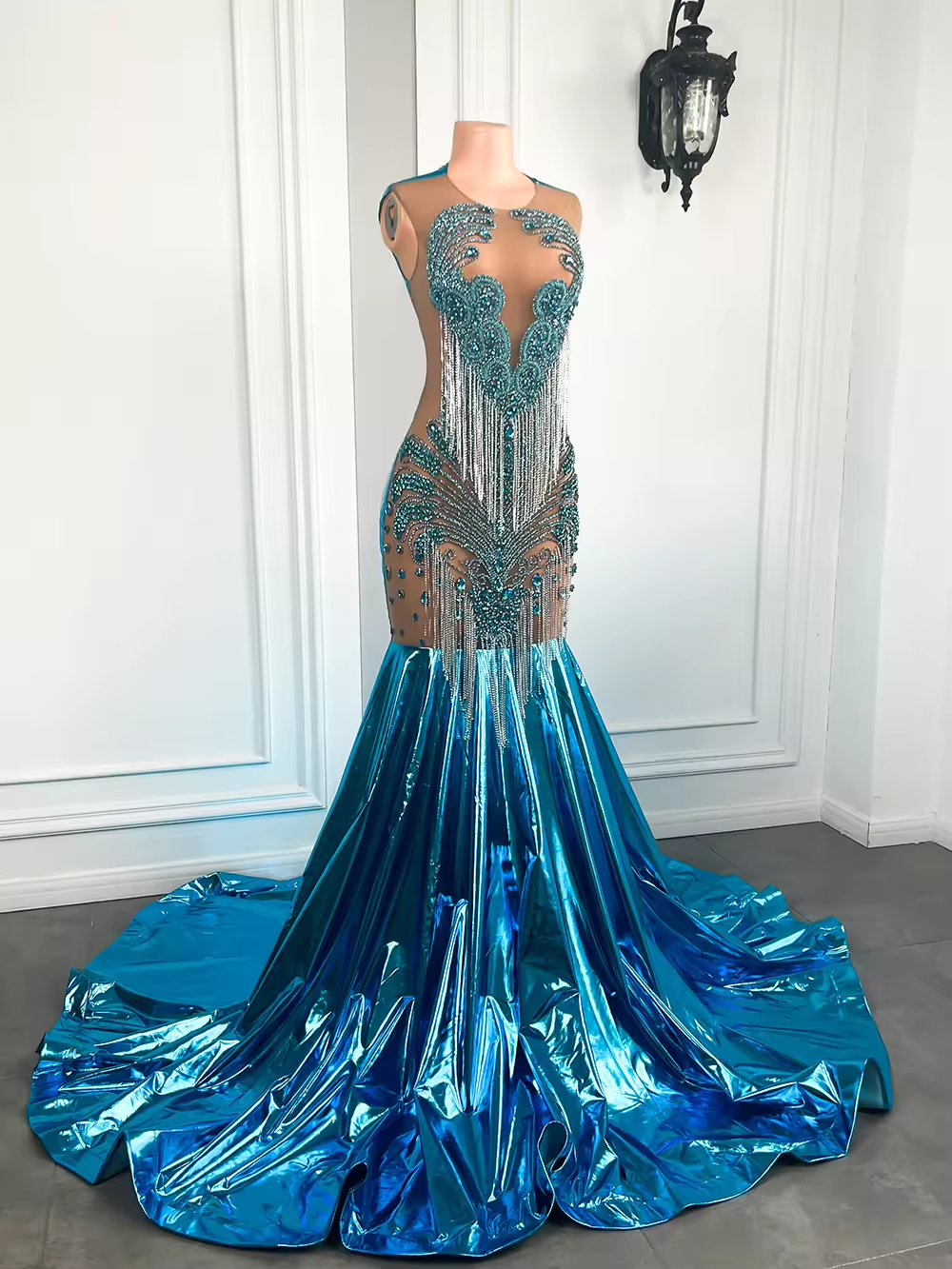 Luxury Long Prom Dresses 2025 Sexy Mermaid Style Sheer Beaded Tassel Turquoise Black Girls Prom Party Gowns