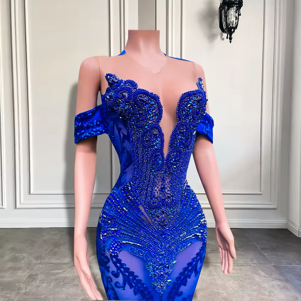 Long Prom Dresses 2025 Luxury Sheer O-neck Off The Shoulder Sparkly Diamond Black Girl Royal Blue Prom Gala Formal Gowns