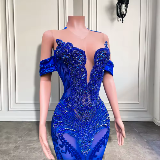Long Prom Dresses 2025 Luxury Sheer O-neck Off The Shoulder Sparkly Diamond Black Girl Royal Blue Prom Gala Formal Gowns