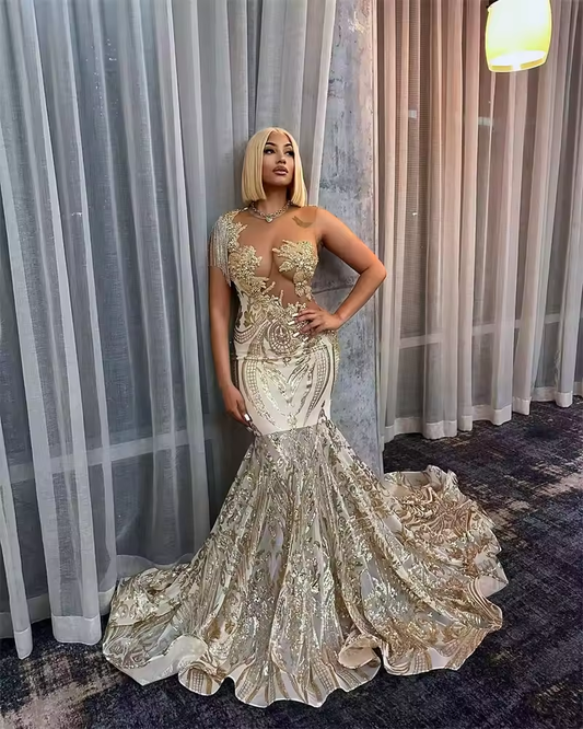 Glitter Gold Mermaid Long Prom Dresse 2025 Bead Diamonds Tassels Birthday Party Gowns For Black Girls Customized