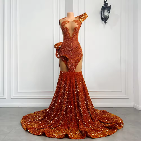Long Orange Prom Dress 2025 Gorgeous Sexy Mermaid Sheer Mesh Sparkly Sequin Black Girls Prom Party Gowns