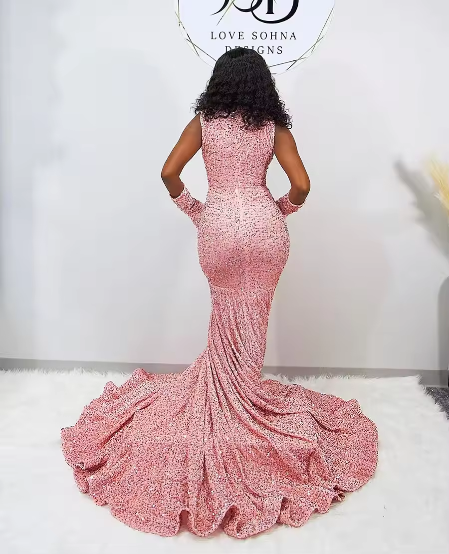 Sparkly Pink Sexy Sequin Mermaid Prom Dresses 2025 Luxury Silver Crystal Beaded Sheer Neck Long Prom Gowns for Black Girls
