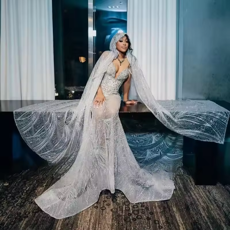 Luxury Crystal Prom Dresses With Cloak 2025 Black Girls Beading Mermaid Party Gowns See Through African Evening Dress Customized