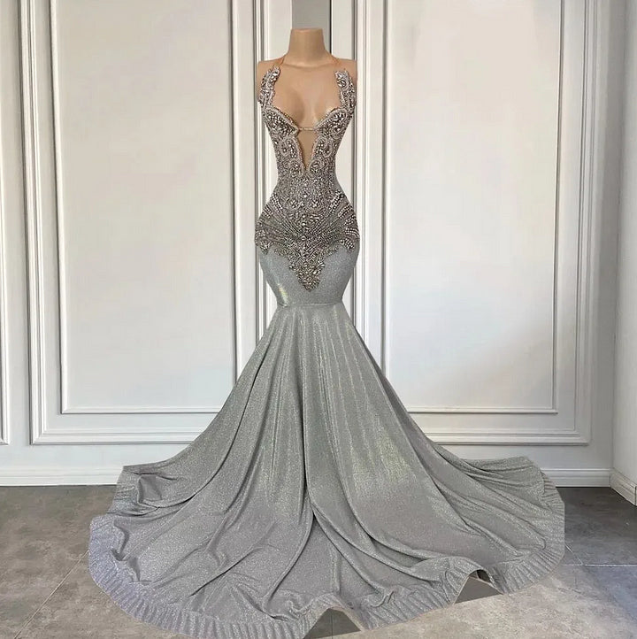 Silver Halter Mermaid Prom Dress Sleeveless Long With Beadings