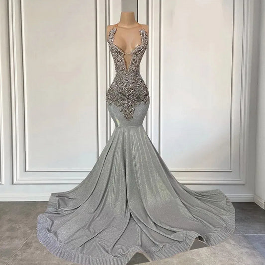Silver Halter Mermaid Prom Dress Sleeveless Long With Beadings