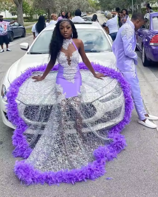 Lavender Purple Long Prom Dresses Sparkly Crystal Applique Feather Sheer Mesh Black Girl Evening Party Gala Gown